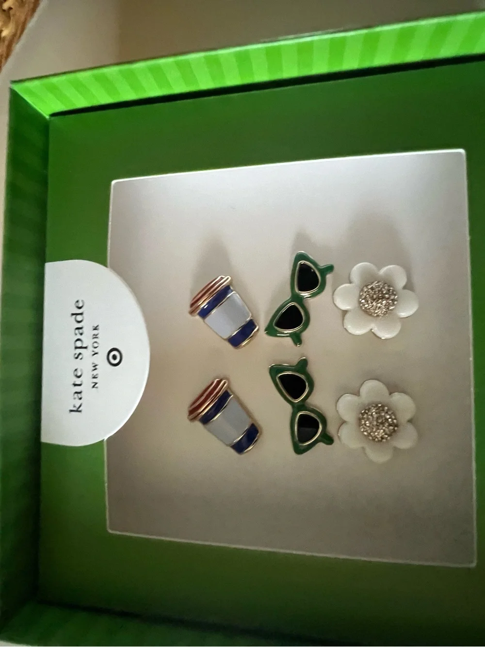 kate spade Kids Green Sunglass, White Flower & Blue Coffee Cup Earring Set